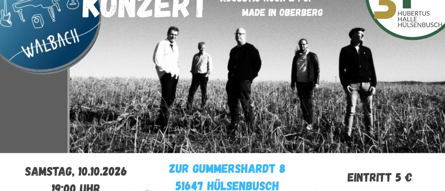 Konzertplakat der Band Walbach mit fünf Musikern, Termin und Veranstaltungsinfos