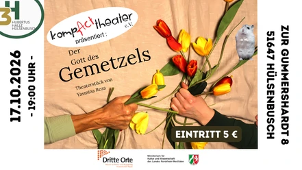 Plakat zu „Der Gott des Gemetzels“ mit Tulpen, Hamster und Veranstaltungsdaten
