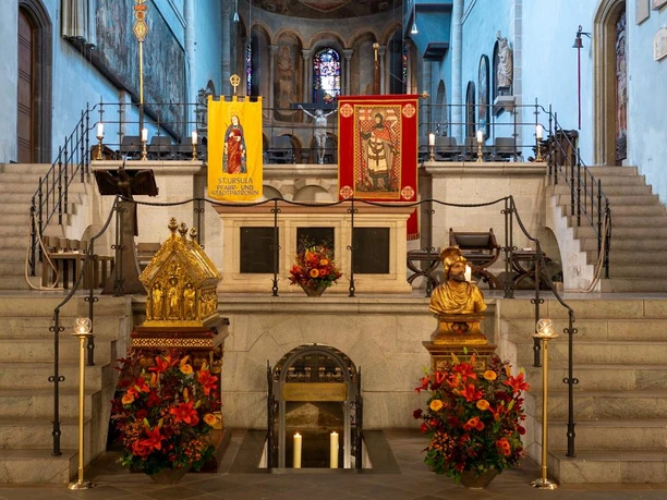 The festively decorated altar area at St. Gereon's Church during the city patron saint festivities