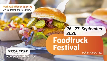 Burger mit Texthinweis auf Foodtruck Festival Peine 2026