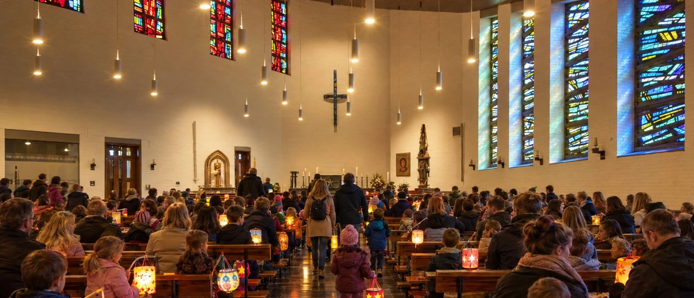 Familien mit leuchtenden Martinslaternen bei einer Andacht in der Kirche St. Augustinus in Willingen