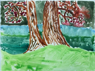 Ferienkurs Gemaltes Bild von einem Baum in einer Landschaft