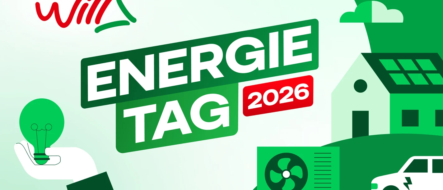 Energietag 2026 Grafik zum Energietag 2026 von Haustechnik Will mit Haus, Wärmepumpe und E-Auto.