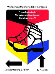 Wanderweg Marinestadt Bremerhaven Wegweiser des Wanderwegs Marinestadt Bremerhaven mit Stiefel-Symbol, Pfeilen und Kilometerangaben.