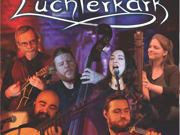 Luechterkark | Gruppe Laway Konzertplakat „Musik in d’ Lüchterkark“ mit Laway-Ensemble und Instrumenten.