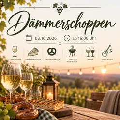 Veranstaltungsplakat: Dämmerschoppen am 03.10.2026 ab 16 Uhr mit Wein und Live-Musik.