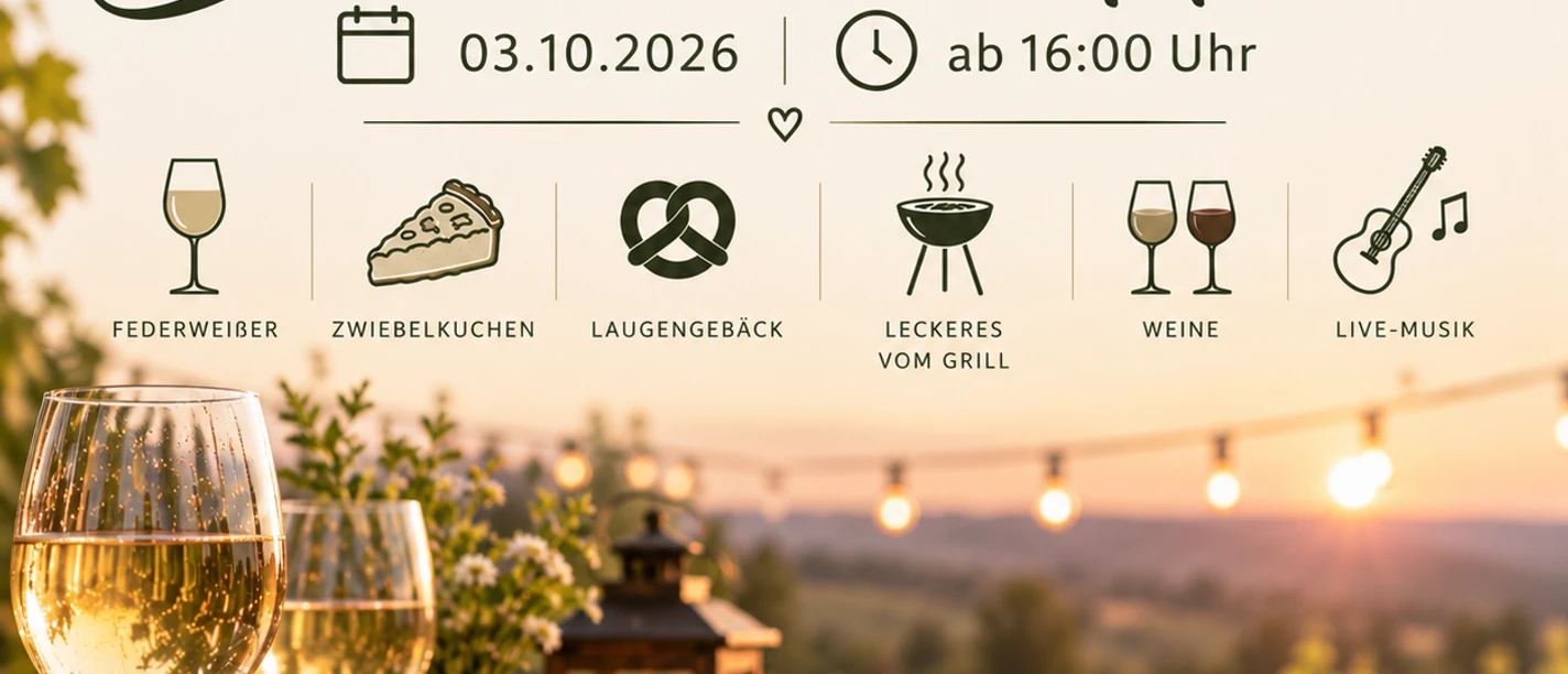 Veranstaltungsplakat: Dämmerschoppen am 03.10.2026 ab 16 Uhr mit Wein und Live-Musik.