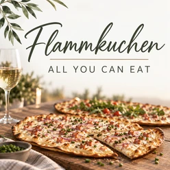 Mehrere Flammkuchen auf Holztisch mit Weinglas und Hinweis auf ein Sattessen-Angebot.