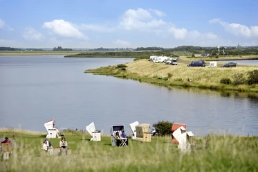 Natur pur im Speicherkoog Strandkörbe am Wasser mit Wiese und weitem Himmel