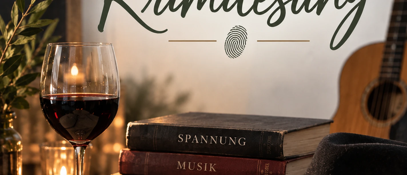 Motiv zur musikalischen Krimilesung mit Wein, Büchern, Hut, Gitarre und Kerzen.