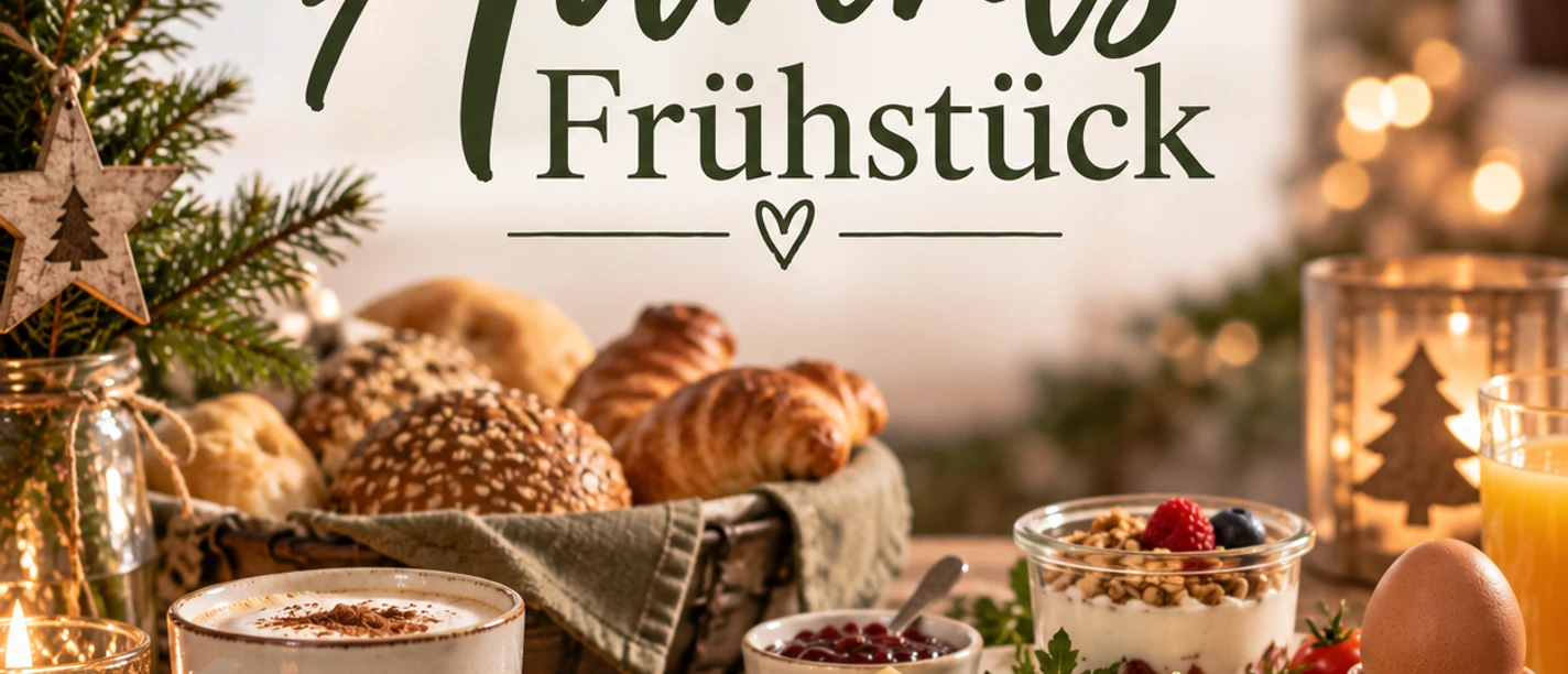 Adventsfrühstück Adventsontbijt met broodjes, croissants, eieren, koffie en kaarslicht.