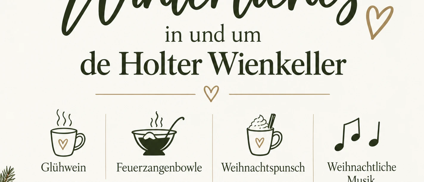 Winterliches Veranstaltungsplakat für de Holter Wienkeller mit Getränken, Musik und Verknobelung.