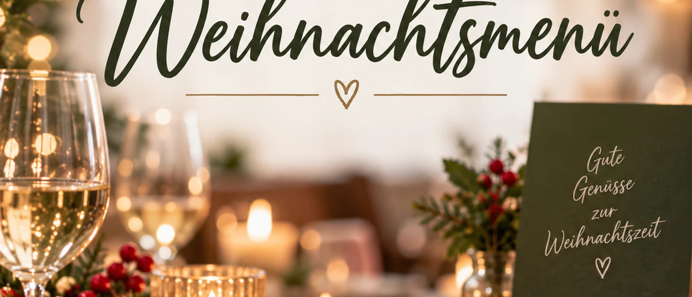Festlich gedeckter Weihnachtstisch mit Kerzen, Weingläsern und Schriftzug Weihnachtsmenü.