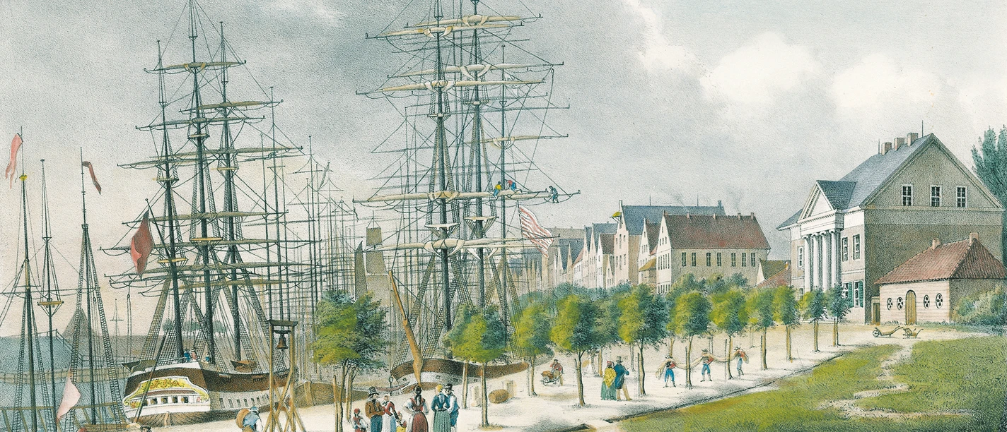 Alter Hafen Bremerhaven um 1845, kolorierte Lithografie mit Segelschiffen und Uferhäusern.