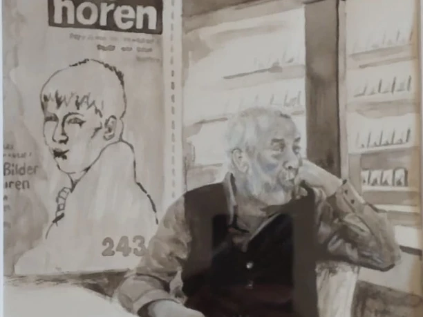 Zeichnung: sitzender älterer Mann neben einer Ausgabe der Zeitschrift „die horen“.