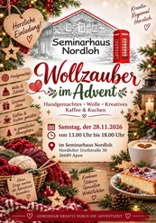 Advents-Plakat für Wollezauber Nordloh mit Wolle, Tannengrün, Kaffee und Kuchen.