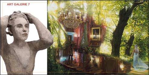 Exhibition view of Art Galerie 7 featuring a sculpture, a light-filled hall, and a forest scene