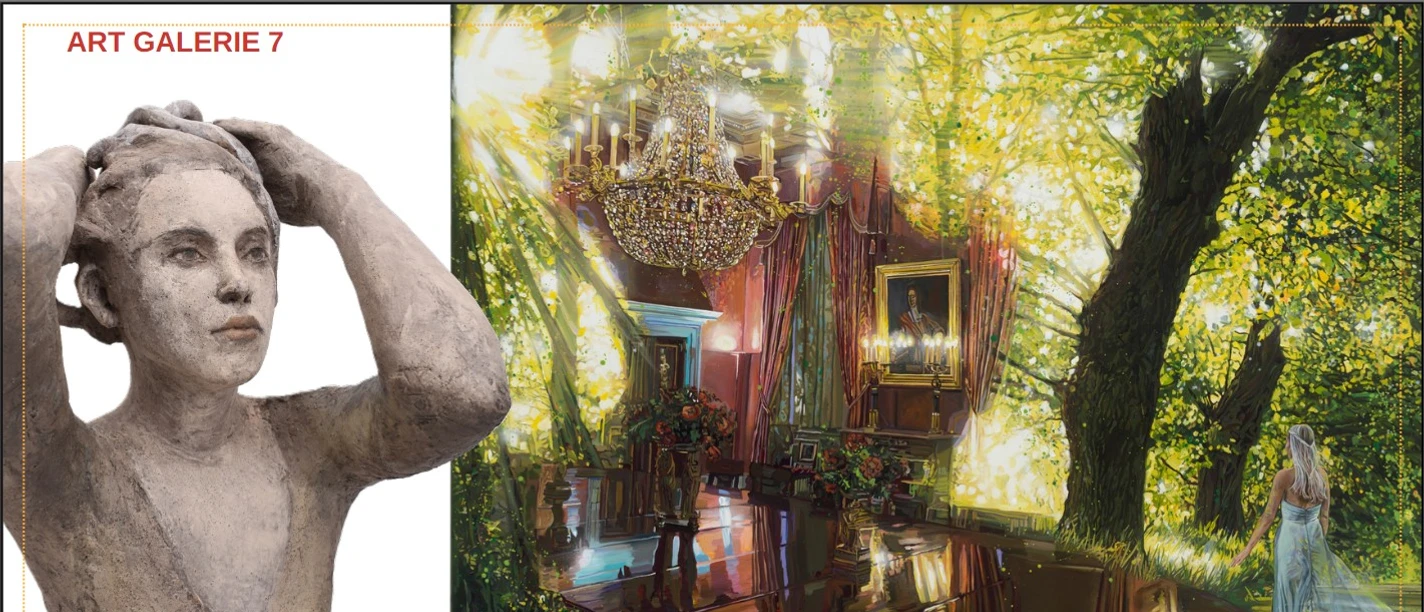 Exhibition view of Art Galerie 7 featuring a sculpture, a light-filled hall, and a forest scene
