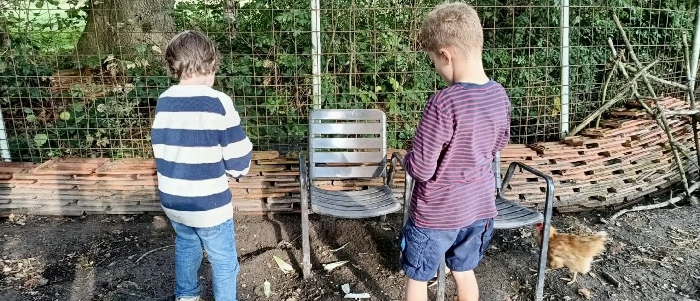 Kinder auf Hof Schatteburg Two children are exploring a yard with chairs, wood, and a chicken near the fence.