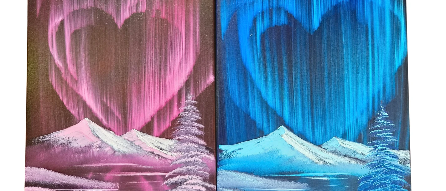 Kindermalkurs Gemaltes Bild in zwei Farben mit einer Landschaft und einem Herz
