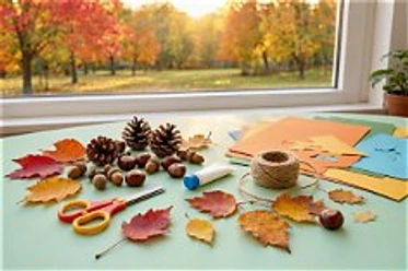 Tisch mit herbstlichem Bastelmaterial_erstellt mit KI (Gemini)