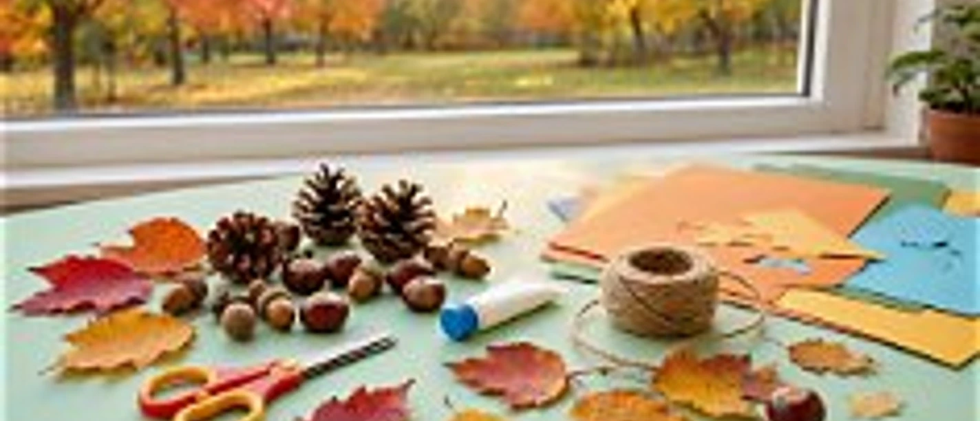 Tisch mit herbstlichem Bastelmaterial_erstellt mit KI (Gemini)
