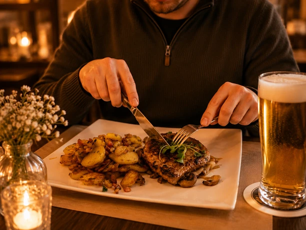 Sauerländer Hof Willingen Gast schneidet ein Steak mit Bratkartoffeln, daneben ein Glas Bier und Kerzenlicht im Restaurant Sauerländer Hof.