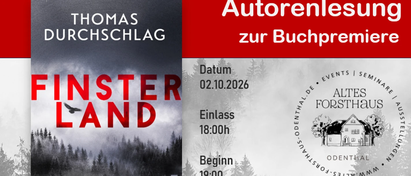 Plakat zur Autorenlesung von Thomas Durchschlag mit Thriller „Finsterland“ am 02.10.2026