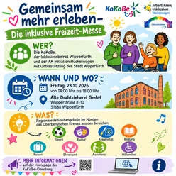 Grafik zur inklusiven Freizeit-Messe mit Termin, Ort, Angeboten und Illustrationen