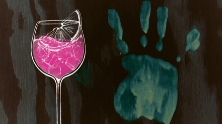 Auf dem dunklen Hintergrund der Grafik ist ein grünlicher Handabdruck zu sehen. Davor findet sich die Zeichnung eines Cocktailglases mit rosa Inhalt.