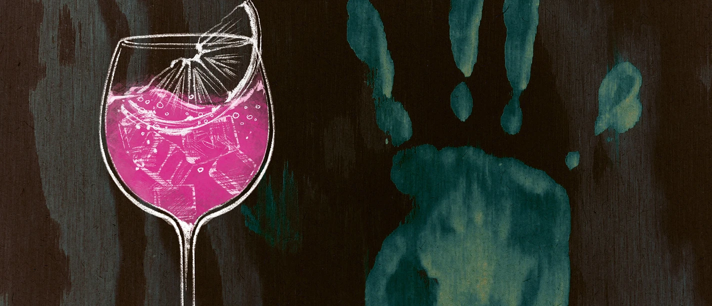 Auf dem dunklen Hintergrund der Grafik ist ein grünlicher Handabdruck zu sehen. Davor findet sich die Zeichnung eines Cocktailglases mit rosa Inhalt.