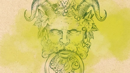 Zeichnung eines Türklopfers in Form eines männlichen Kopfes mit geschwungenen Hörnern und Blätter in den Haaren, sodass die Figur an einen Dämon erinnert.