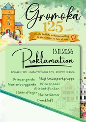 Plakat in Grüntönen unter anderem mit dem Text: Gromoka - 125 Jahre - 15.11.2026 - Proklamation.