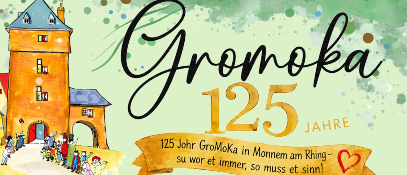 Plakat in Grüntönen unter anderem mit dem Text: Gromoka - 125 Jahre - 15.11.2026 - Proklamation.