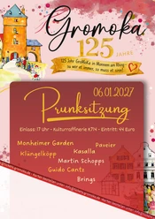 Prunksitzung der Großen Monheimer Karnevalsgesellschaft Ein in Rottönen gehaltenes Plakat. Darauf steht unter anderem: Gromoka - 06.01.2027 - Prunksitzung - Einlass 17 Uhr.