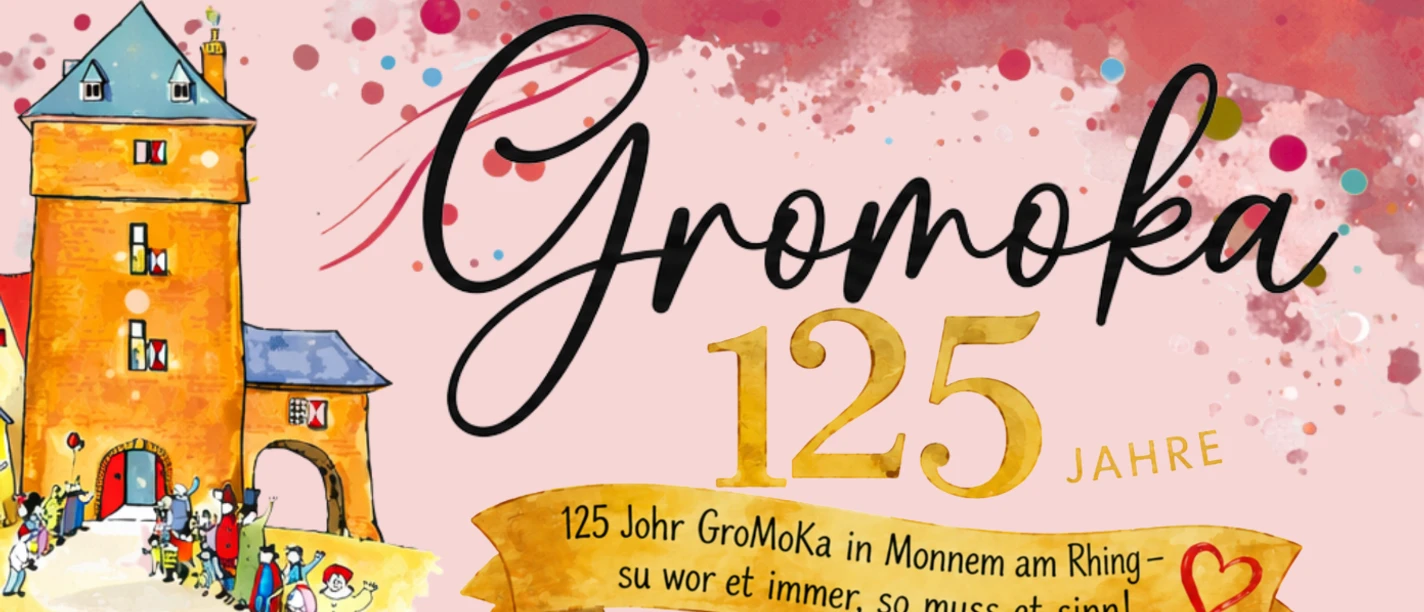 Prunksitzung der Großen Monheimer Karnevalsgesellschaft Ein in Rottönen gehaltenes Plakat. Darauf steht unter anderem: Gromoka - 06.01.2027 - Prunksitzung - Einlass 17 Uhr.