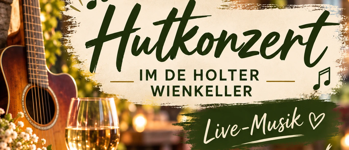 Plakat zum Hutkonzert mit Gitarre, Weinglas und Logo des De Holter Wienkeller.