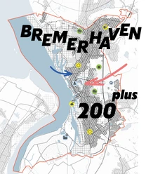 Grafische Karte von Bremerhaven 200 plus mit Stadtumriss, Symbolen und Pfeilen.