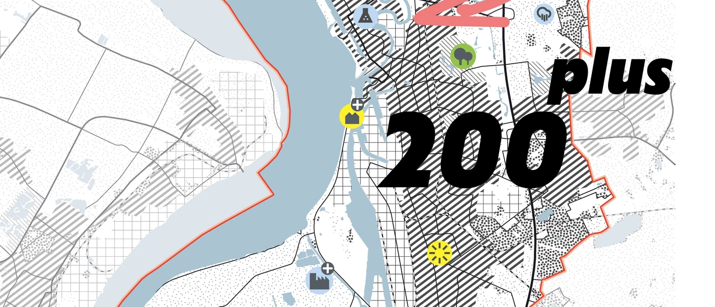 Grafische Karte von Bremerhaven 200 plus mit Stadtumriss, Symbolen und Pfeilen.