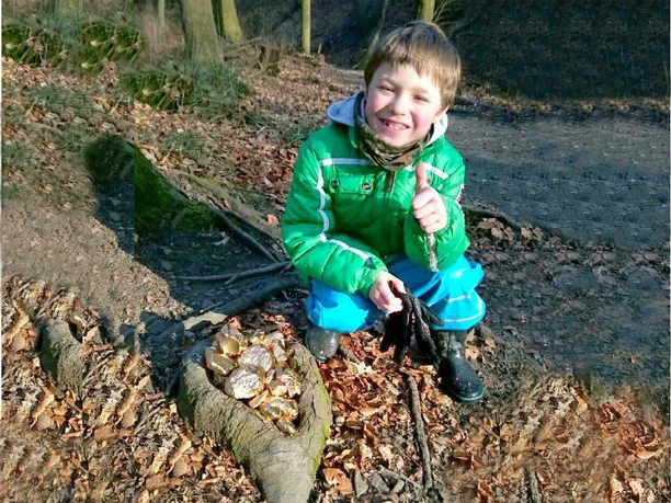 Schatzsuche Junge in grüner Jacke gräbt lachend goldene Gegenstände aus Laub am Waldrand aus.