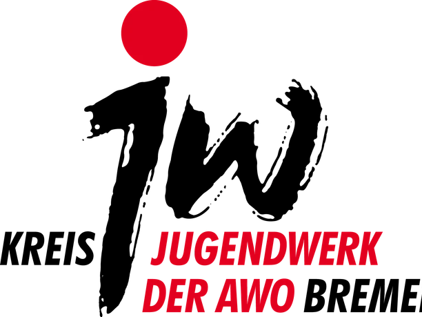 Logo des Jugendwerks der AWO mit rotem Punkt und roter Schrift auf schwarzem Grund.
