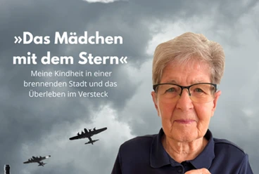 2611187-Mädchen-Stern-klein.jpg Porträt von Renate Aris vor dunklen Wolken und Flugzeugen, mit Titel „Das Mädchen mit dem Stern“