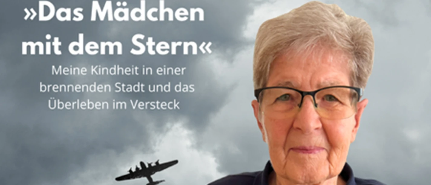 2611187-Mädchen-Stern-klein.jpg Porträt von Renate Aris vor dunklen Wolken und Flugzeugen, mit Titel „Das Mädchen mit dem Stern“