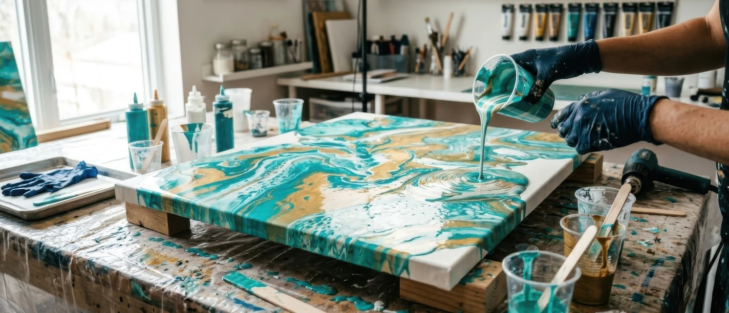 Acrylfarbe in Türkis und Gold wird auf eine Leinwand gegossen.