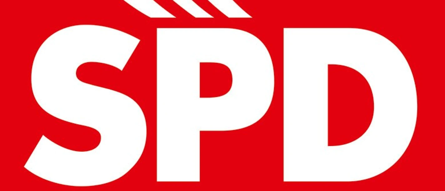 Rotes SPD-Bremerhaven-Logo mit weißen Buchstaben und stilisierter Stadt-Silhouette