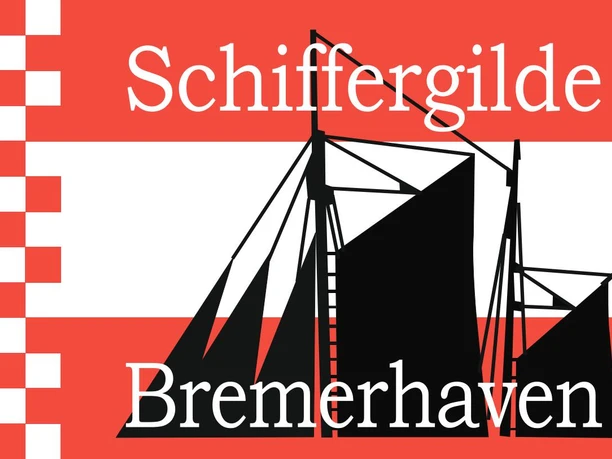 Logo der Schiffergilde Bremerhaven mit Segelschiffen in Rot, Weiß und Schwarz.