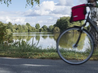 Hufeisen-Route im Osnabrücker Land Radfahrer mit roter Fahrradtasche auf einem Weg entlang eines Sees mit bewölktem Himmel.