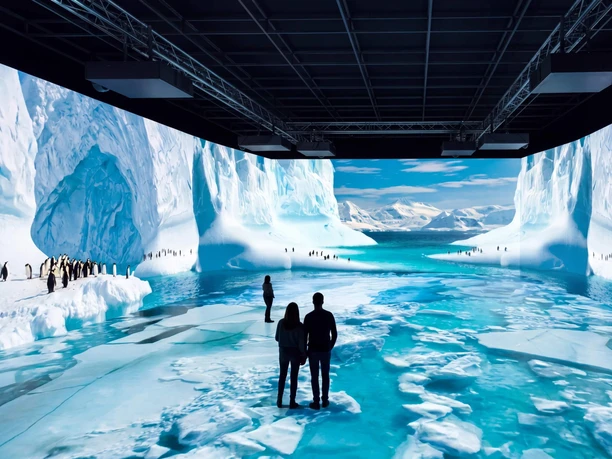 Besucher in einer immersiven Polarwelt mit Eisbergen, Pinguinen und türkisblauem Wasser
