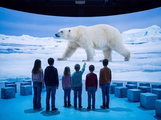 Kinder betrachten eine riesige Eisbär-Projektion vor arktischer Kulisse in der Ausstellung