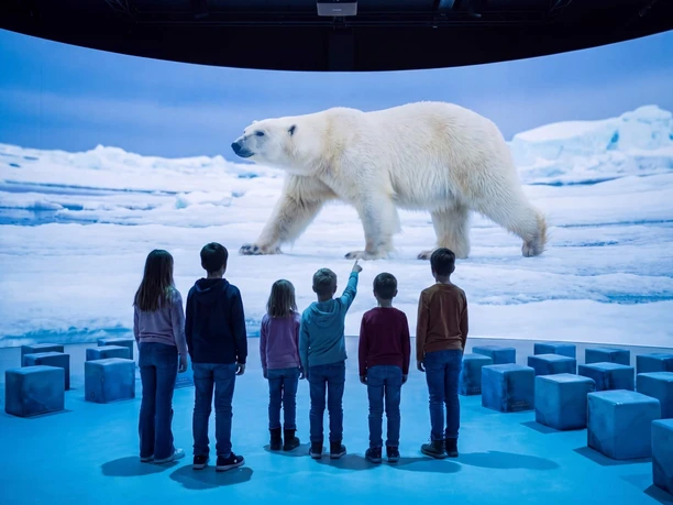 Kinder betrachten eine riesige Eisbär-Projektion vor arktischer Kulisse in der Ausstellung